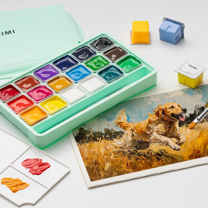 HIMI مجموعة ألوان جواش HIMI، 18 لون، 30 جرام، مجموعة ألوان جواش هلامية، طلاء غير سام للكانفاس والورق، مستلزمات فنية للمحترفين، وأكثر (حافظة خضراء) - Image 4